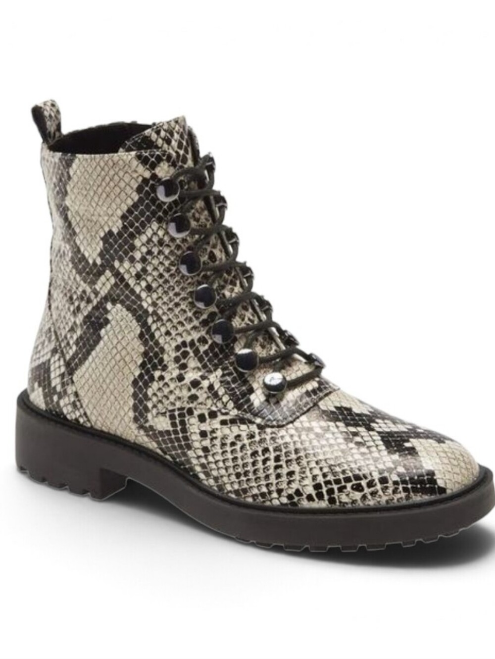 New Linea Paolo Trinity Snake-Print Lace-Up Ankle Combat Style Boot Black Cream